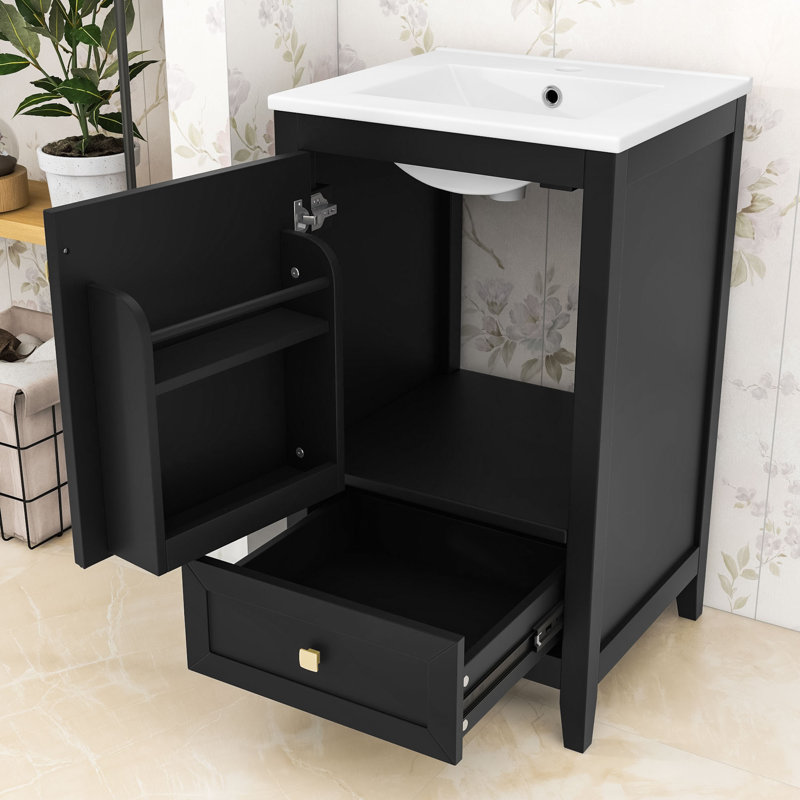 Meuble-lavabo autoportant simple avec lavabo en céramique, grande armoire de rangement et porte à fermeture en douceur