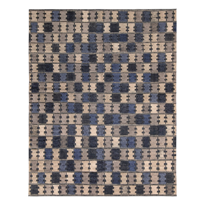 Scandinavian Hand Knotted Wool Geometric Area Rug, Rectangle 12' x 16'