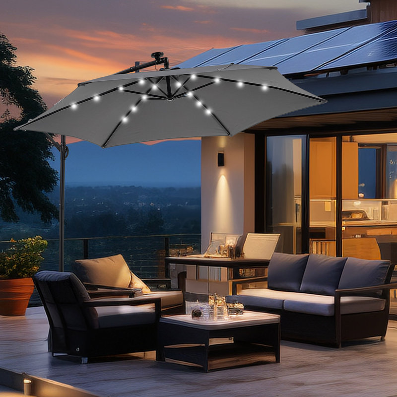 Parasol de marché suspendu 10 pi avec lumières solaires et base, Gris