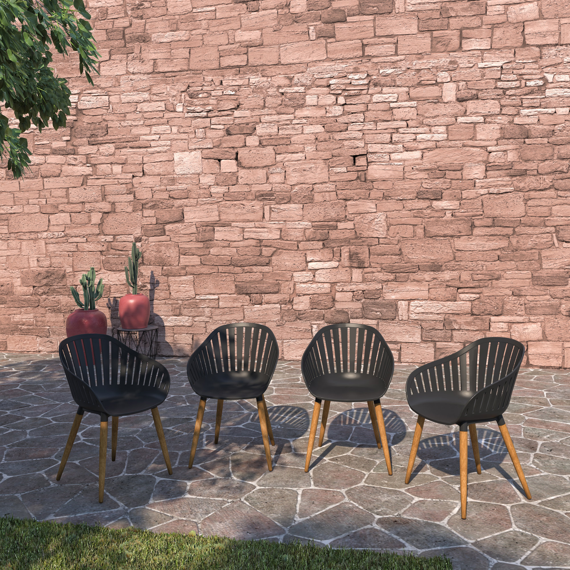 Alyisa Teak Wood Premium All-Weather Wicker Outdoor Stacking Dining Armchair, Eucalyptus