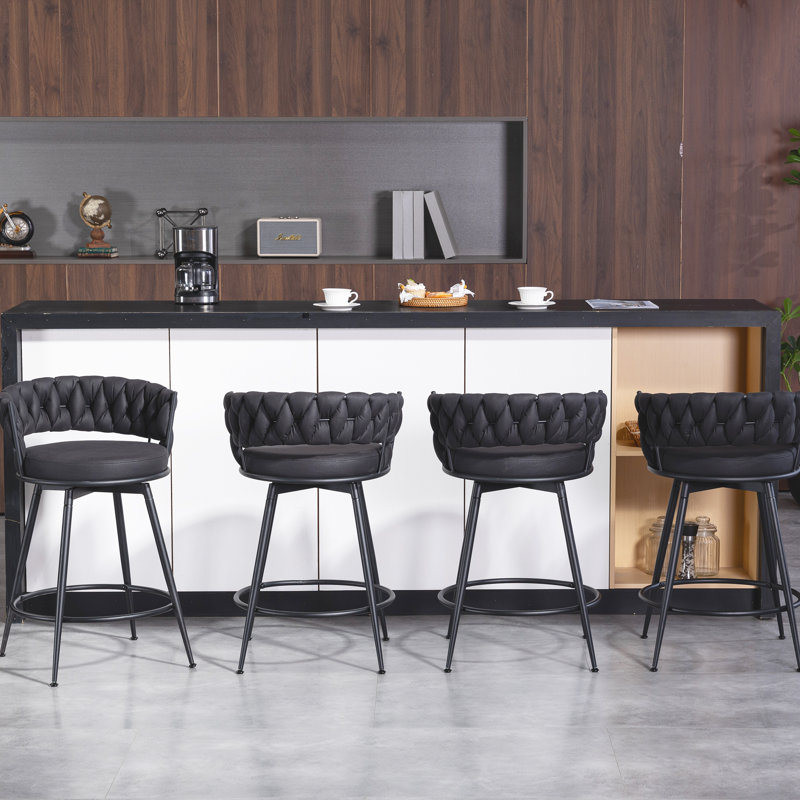Counter Height Bar Stools Set of 2 - 360° Swivel with Suede Fabric & Modern Woven Design, Backrest & Footrest for Kitchen Cafe Pub