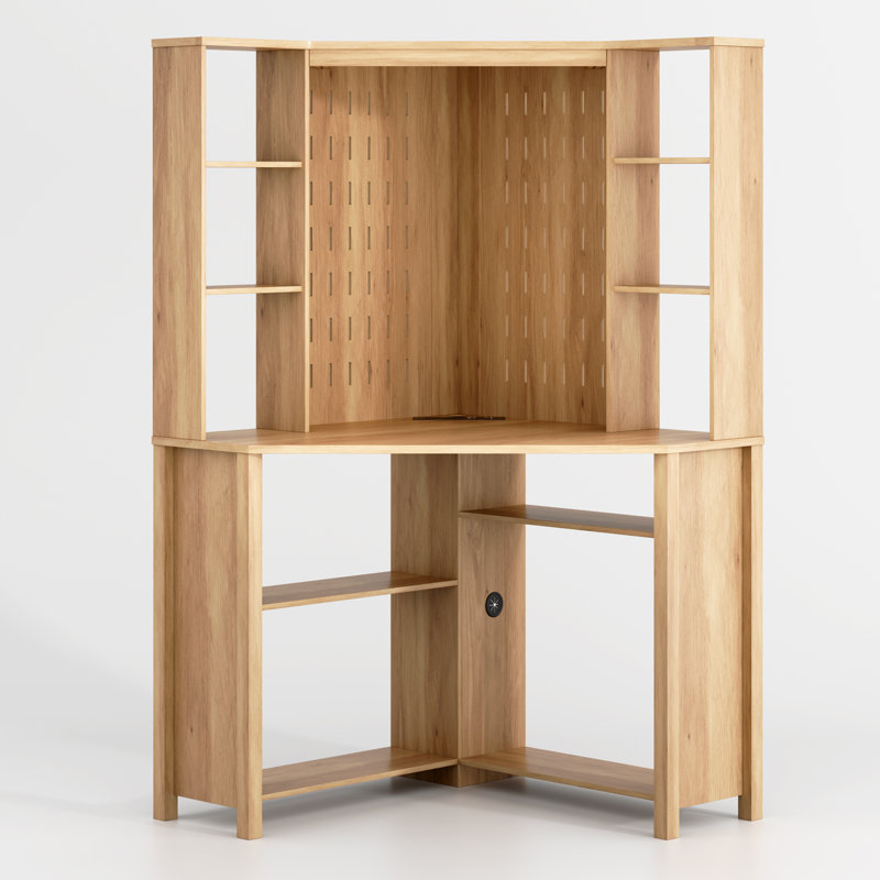 Pentagonal Corner Computer Desk with Charging Station, Adjustable Led Lighting and 9 Layers Open Storage Space, Brown