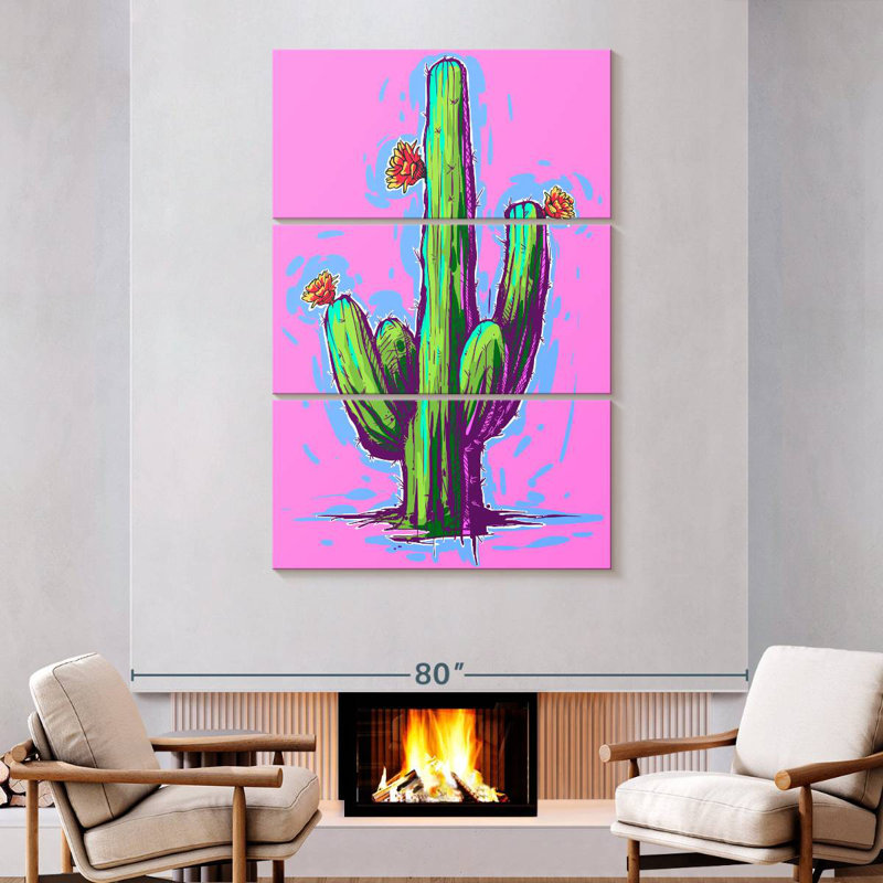 Cactus sur fond rose vif, H 74 po x l 48 po