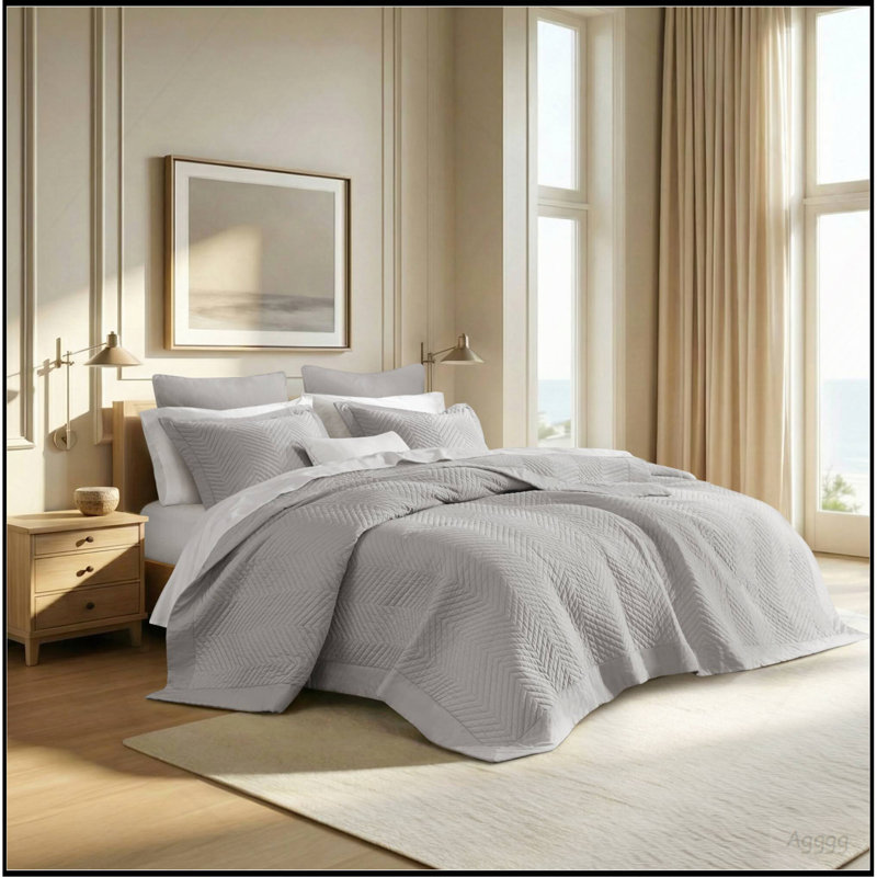 Full/Queen 3 Piece Cotton Quilt Set Light Gray