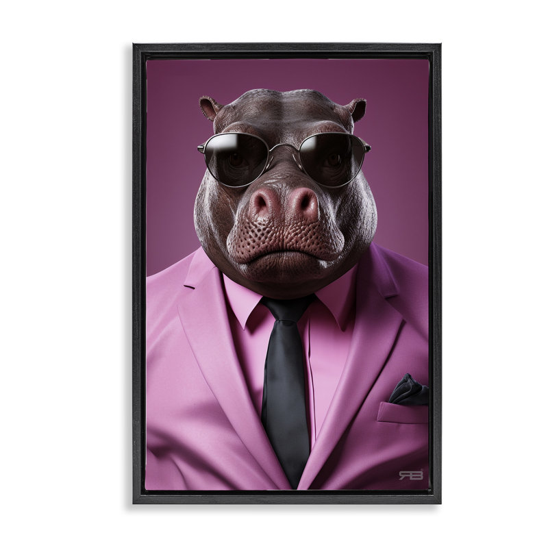 Toile flottante encadrée dorée «Hippo» par Roozbeh Bahramali, H 25 po x l 17 po, Cadre flottant noir de jais
