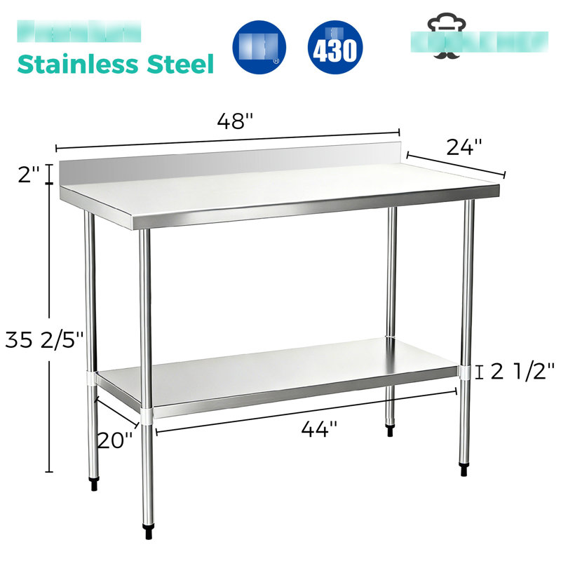 Table de travail commerciale en acier inoxydable 24 po x 48 po avec dosseret de 4 po et tablette inférieure, finition teintée. Idéal pour la préparation des aliments en restauration. Grande et profonde. Épaisseur de calibre 18.