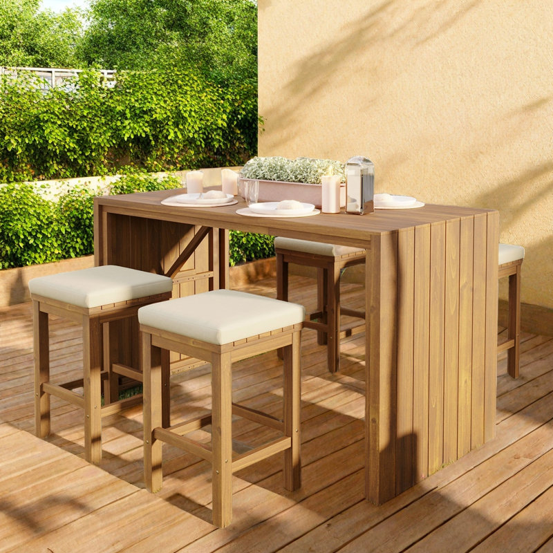 5 Pieces Outdoor Bar Set Included 1 Height Table & Four Stools With Cushions