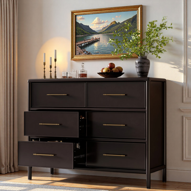 Dresser Cabinet With 6 Drawers And Gold Handles, Dark Brown