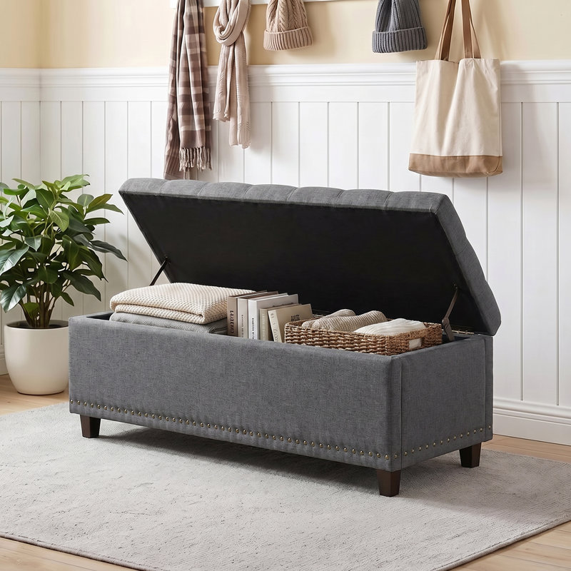 Banc d'entrée long avec rangement, banc rembourré avec repose-pieds avec garniture de rivets, banc de rangement rectangulaire pour chaussures avec espace caché, banc de rangement à l'extrémité du lit pour chambre à coucher, salon, gris