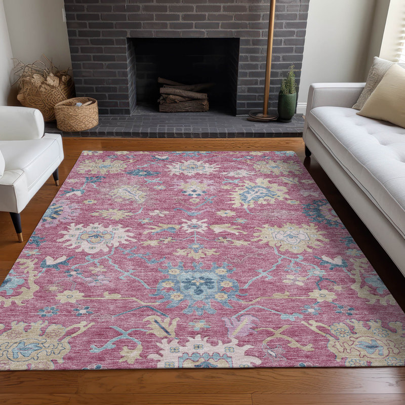 Pink Synthetic 3' x 5' Washable Non-slip Area Rug