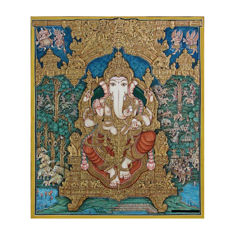 «Lord Ganapati», peinture | Aquarelles avec motifs en feuille d'or