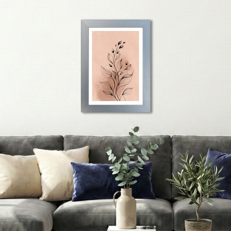 Scandinavian Botanical Linework Home Decor Wall Art, Giclee Art Print with Blush Pink and Black Minimalist Foliage Illustration 1 Piece Wall Art