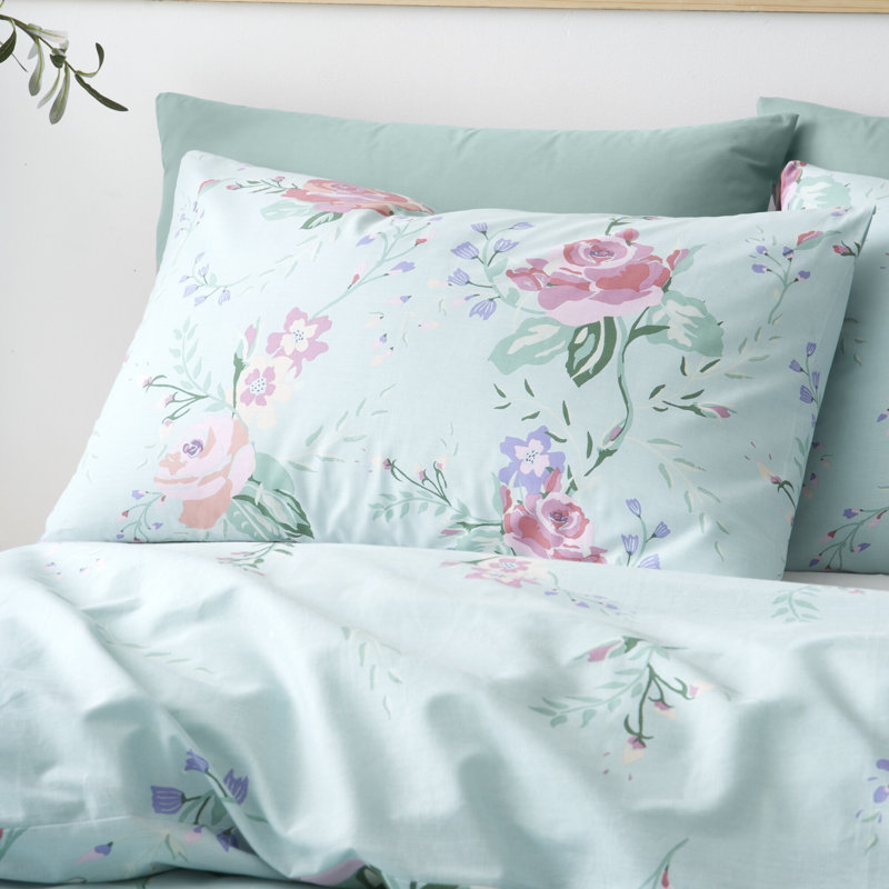 ROSE GARDEN Cotton Blend Floral Duvet Cover Set with Pillowcases, Blue, Single Duvet Cover + 1 Standard Pillowcase