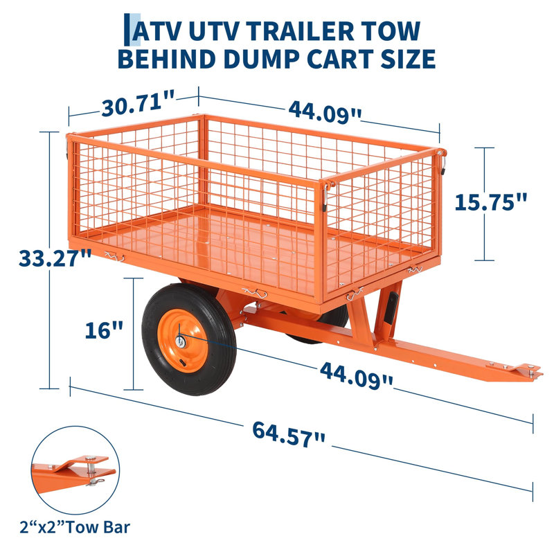 Remorque utilitaire benne en acier de 15 pi³ pour VTT/VUTT, capacité de charge de 1200 lb avec bennage rapide, pneus tout-terrain pneumatiques de 16 po pour cour et ferme.