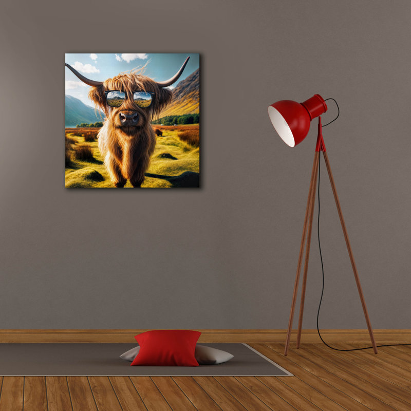 «Highland Cow Sun lunettes 1» par Rey Klimt, art mural sur toile, H 26 po x l 26 po x P 1,5 po