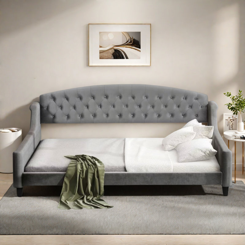Lit de jour moderne avec bouton capitonné et pieds solides, Gris
