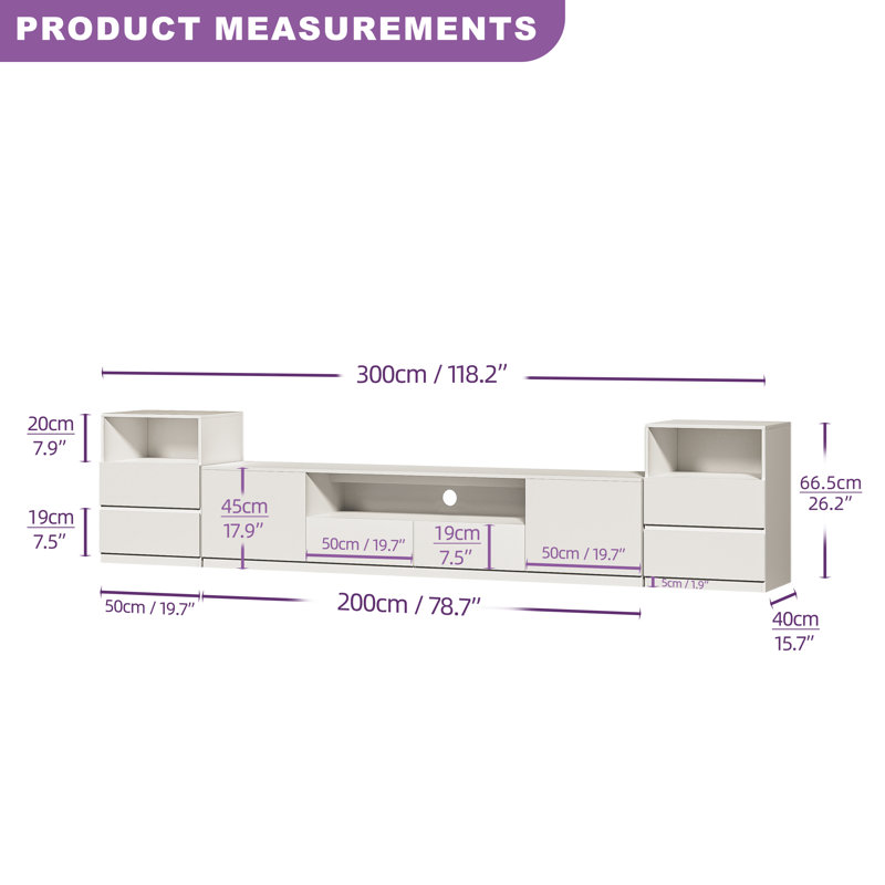 Modern 118.2'' White Entertainment Center For 55/58/65/70/75 Inch Tv, Wood Media Console Includes Tv Stand And Two Drawer Storage Cabinet Nightstand For Living Room Bedroom
