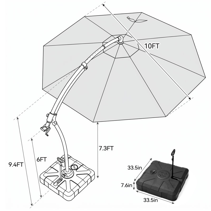 11 pi.  Parasol de patio en porte-à-faux avec base, Tanné