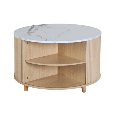 32" Round Coffee Table with Storage, Modern Wood Coffee Table with Cabinet, Circular Center Table for Living Room, Hidden Compartment Accent Table