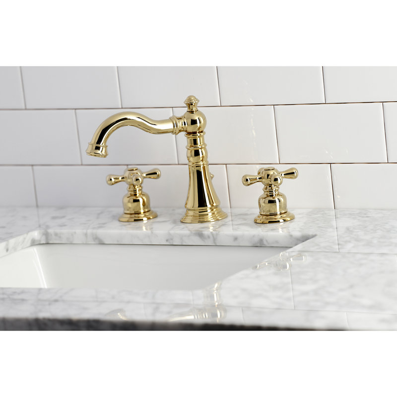 Kingston Brass American Classic Two-Handle 3-Hole Deck Mount Widespread Bathroom Faucet with Pop-Up Drain, Polished Brass