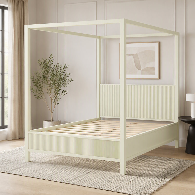 Lit plateforme à baldaquin en bois avec lattes de support, Grand lit, Beige
