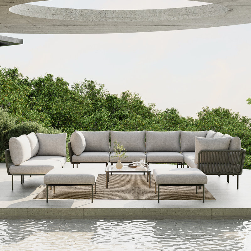 Latitude Run 11 Pieces Aluminum Patio Furniture Set, Modern Modular Sectional Sofa with Coffee Table and Upgrade Thickness Cushion