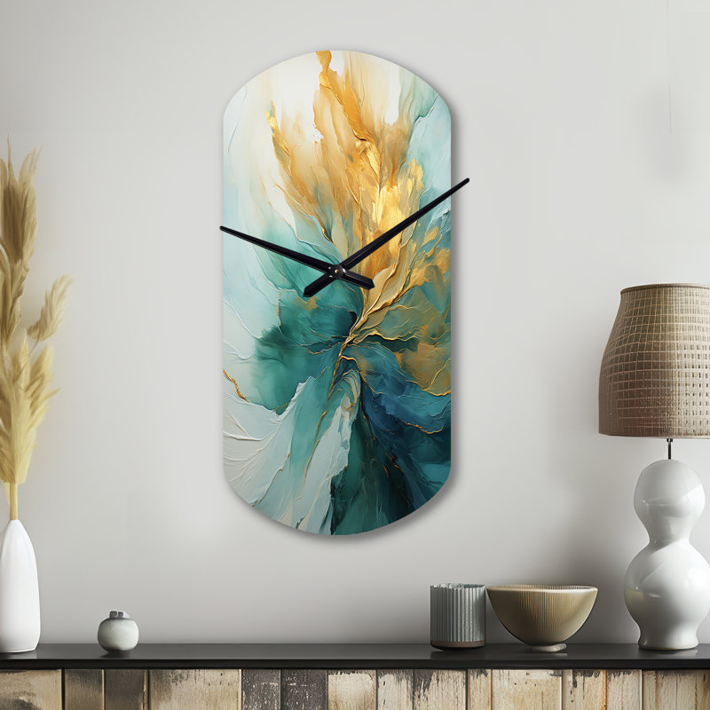 Or et harmonie aurore sarcelle - horloge cylindrique abstraite en spirale, horloge murale asymétrique moderne, Grand