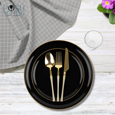 Posh Setting 840 Piece Black And Gold High End Plastic Party Bundle - Edge (120 Settings)