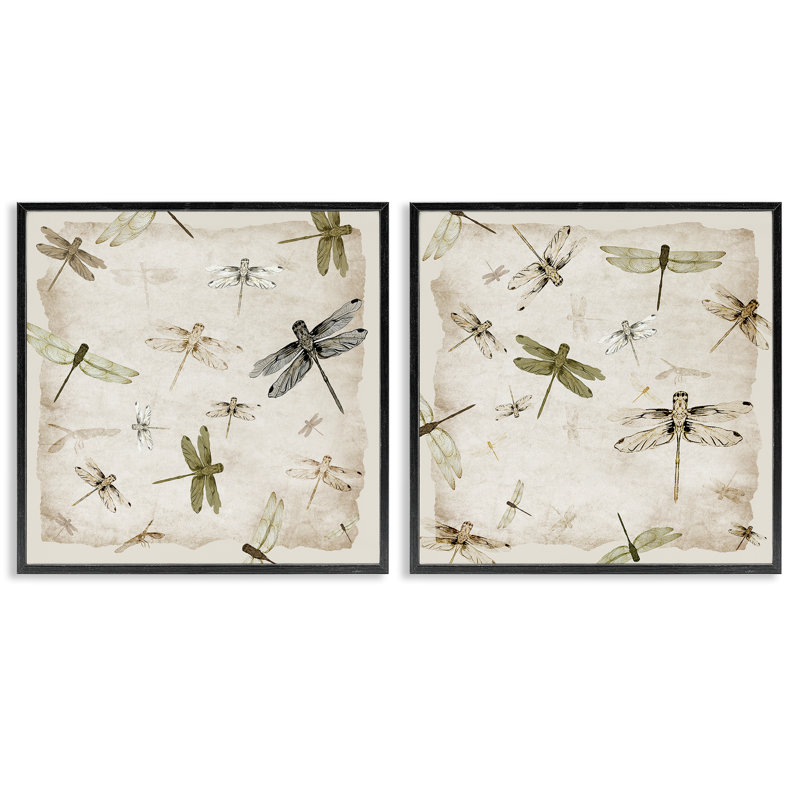 Ensemble de 2 estampes gracieuses avec libellules, conception de Jacob Q, H 12 po x l 24 po, Giclée encadrée noir minuit