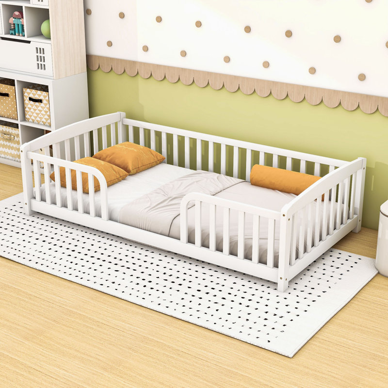 Lit de plancher moderne en bois avec garde-corps, Twin, White