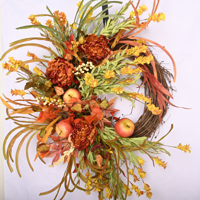 26" Fall Autumn Artificial Apple Fruits Peony Wreath for Front Door