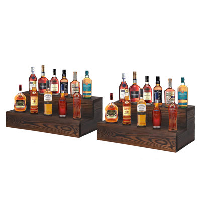 Liquor And Wine Rack, Wood Bar Shelf For Bottle Display, Countertop Home Bar Organizer, 2-Pack, (Brown)