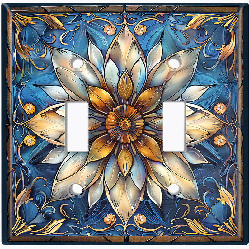Couvercle de plaque d'interrupteur en métal;  Bascule standard à 2 bandes - Impression sur vitrail fleur blanche, Double # 2
