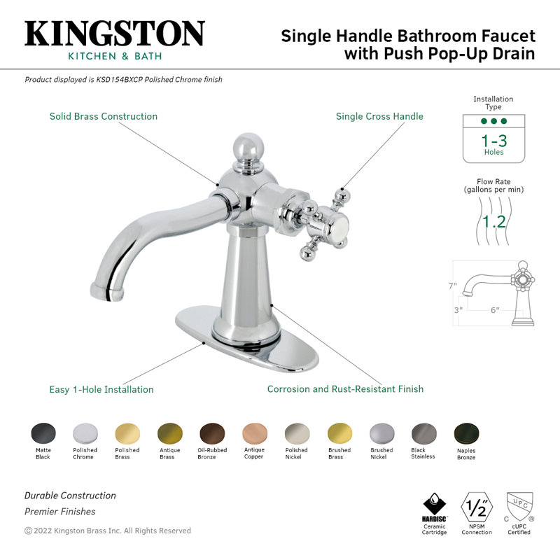 Kingston Brass Nautical Single-Handle 1-Hole Deck Mount Bathroom Faucet with Push Pop-Up and Deck Plate, Cross Handle