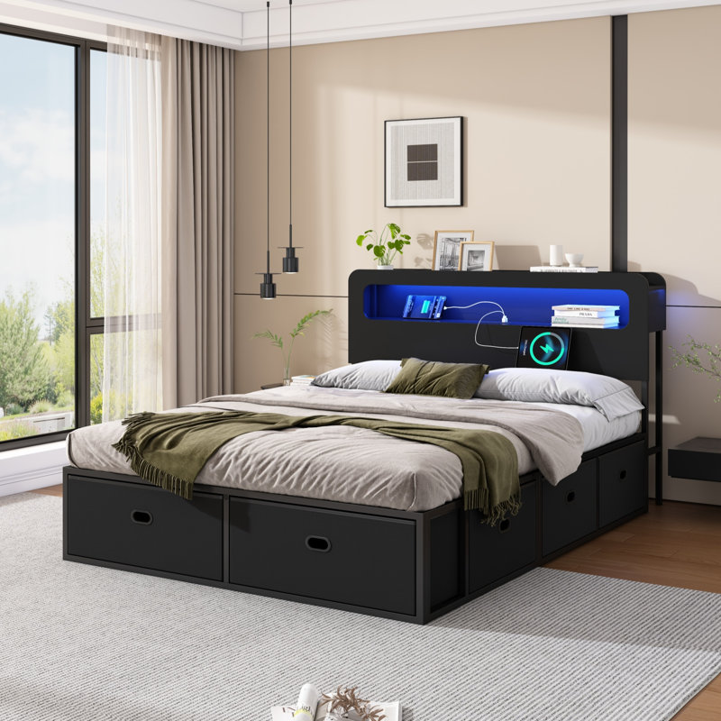 Structure de lit grand avec 8 tiroirs, tête de lit à DEL avec station de charge, ports USB et Type-C, lit plateforme en métal, aucun sommier nécessaire