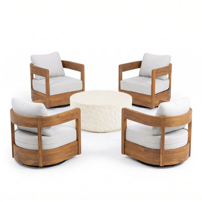 Ensemble de conversation d'extérieur Maris pour 4 personnes, style côtier moderne, en bois d'acacia, avec fauteuils club pivotants et table basse tambour MGO, pour patio et véranda
