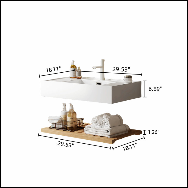 Meuble-lavabo flottant mural de 30 po avec lavabo vasque, lavabo intégré en acrylique, tablettes rayées, 30", Bois naturel