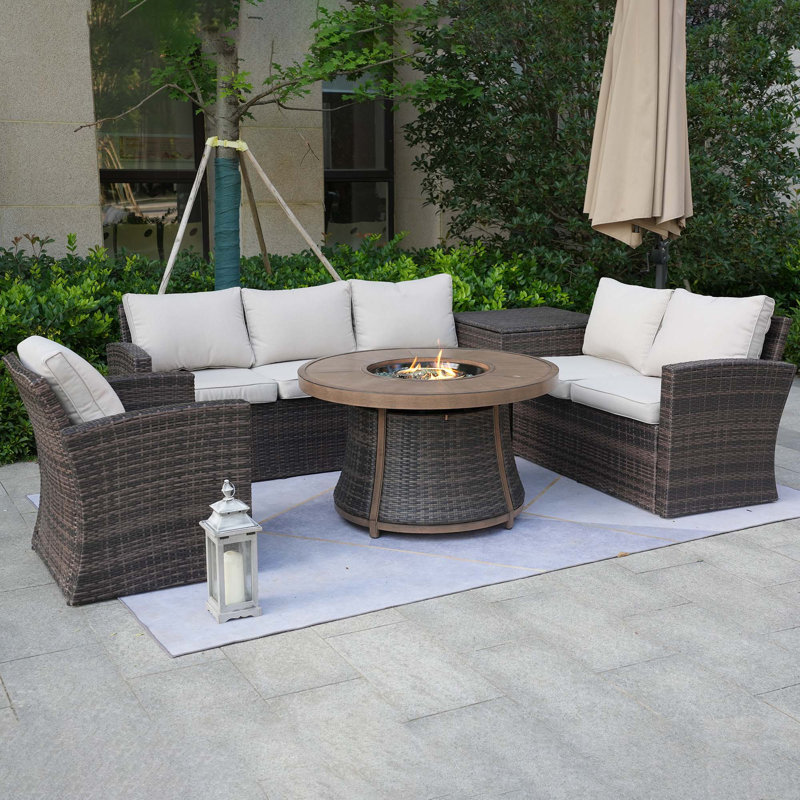 Lazaro 6 - Person Patio Conversation Set with Cushions, White, Brown