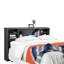 Tête de lit bibliothèque double / grand, finition denim + brun, tête de lit élégante, multifonctionnel, compatible avec les matelas de taille double et grand format, ton gris contemporain, tablettes réglables, compact