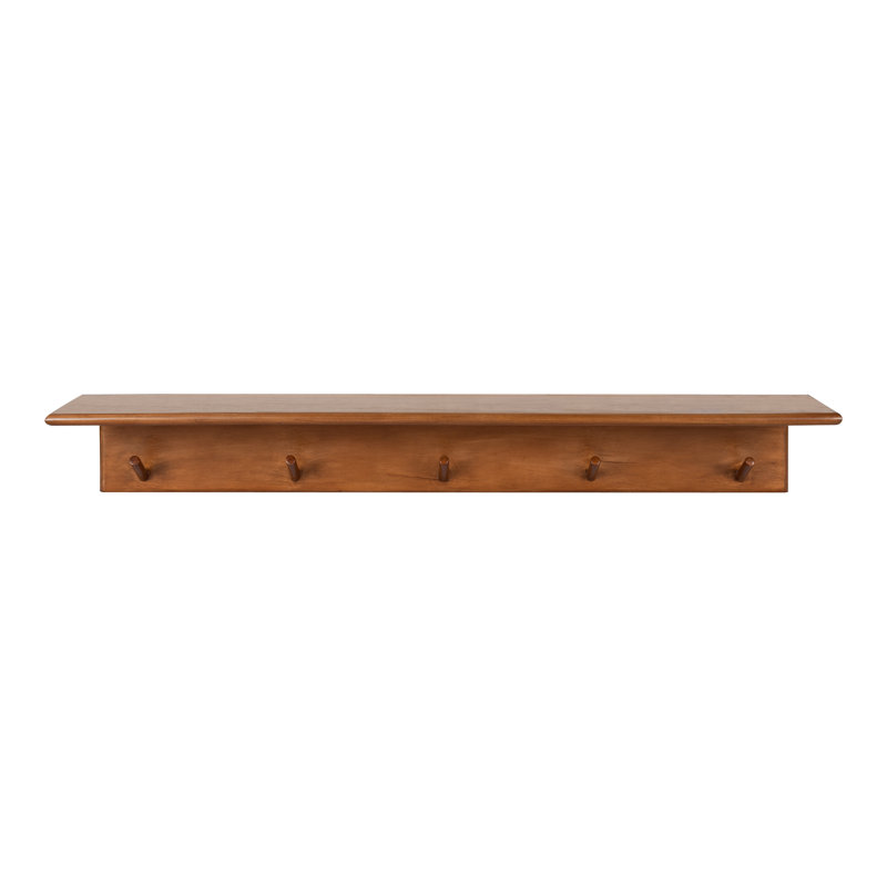 Shea Poplar Solid Wood Floating Shelf with Hooks, Walnut Brown
