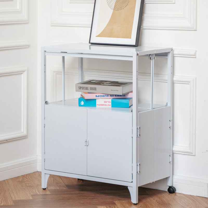 Accent 23.6’’ Wide  Foldable Metal Double Layer Cabinet with  Wheels Easy Assemble end table, White