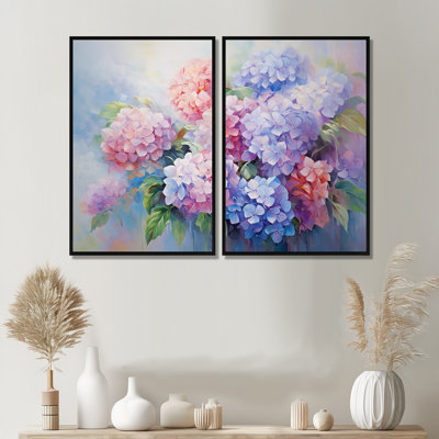 Impression romantique sur toile mauve, hydrangées roses et mauves
