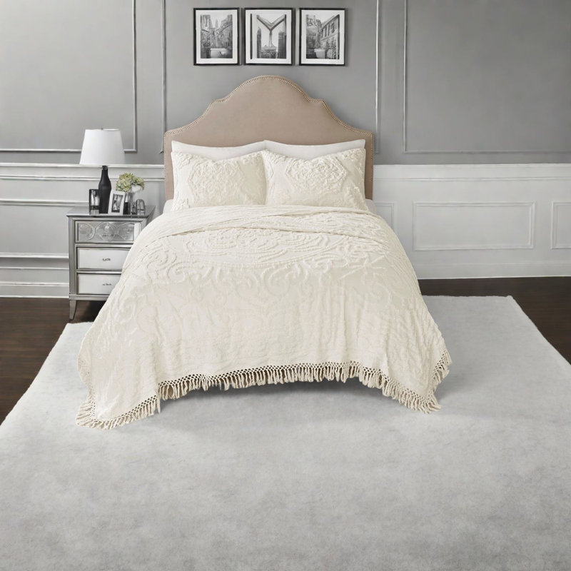 Ensemble de literie en chenille de coton de qualité supérieure, blanc cassé, design bohème chic