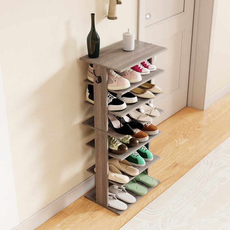 Range-chaussures à 7 niveaux, gris rustique, 12 à 14 paires de chaussures, crochets pour clés suspendues, organisateur à installation rapide, capacité, parasols, économie d'espace, assemblage