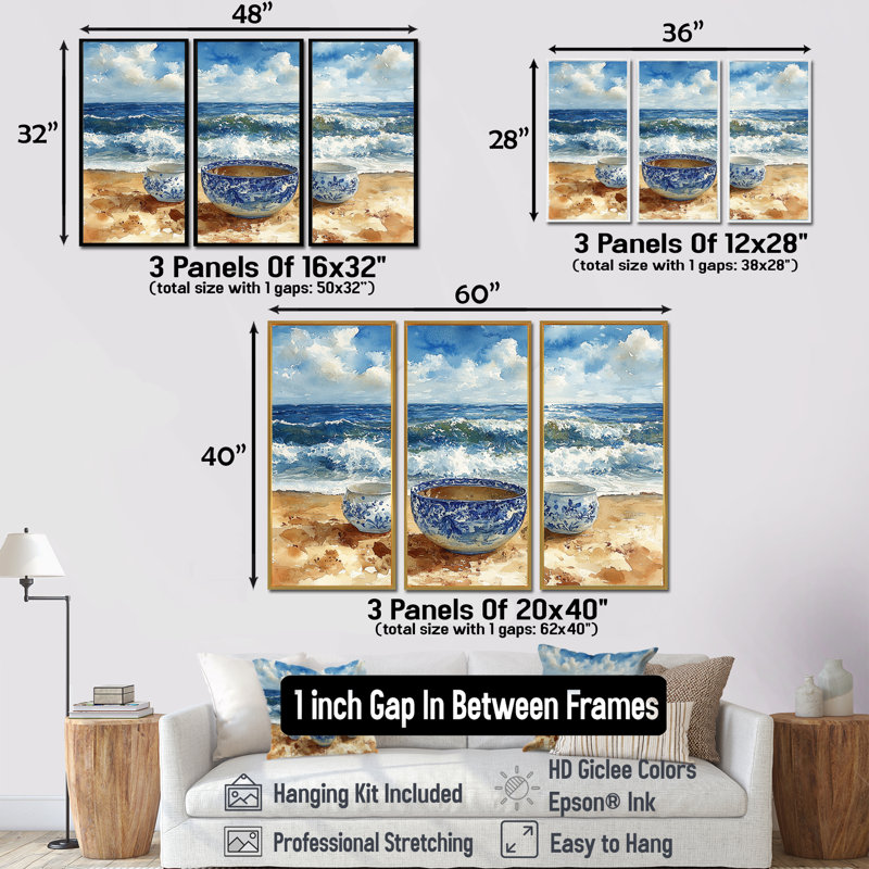 Poterie de plage dans des tons bleus et blancs - Ensemble de décorations murales de plage, Toile encadrée flottée blanche