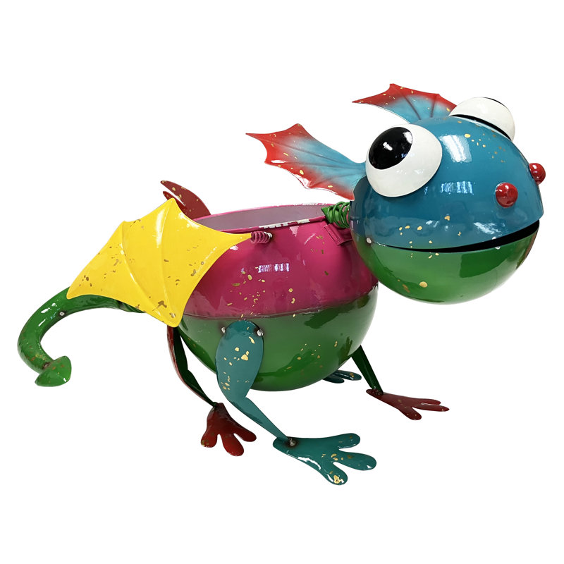 Guille Metal Flying Dragon Lizard Statue Planter, Green/Pink/Multicolor