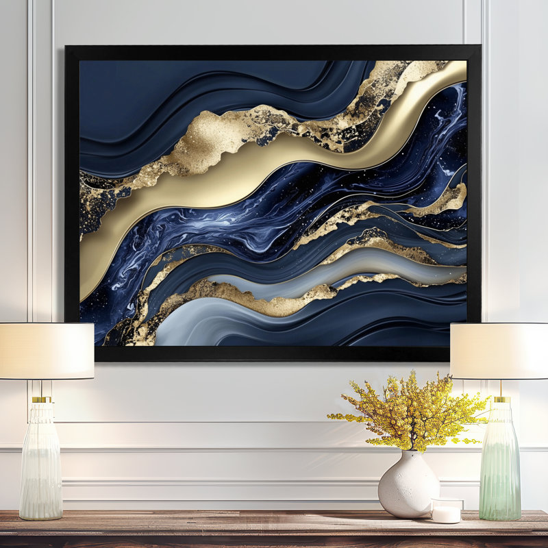 Or et rivière bleue de marbre chaos II - art mural abstrait en marbre, H 12 po x l 20 po, Noir