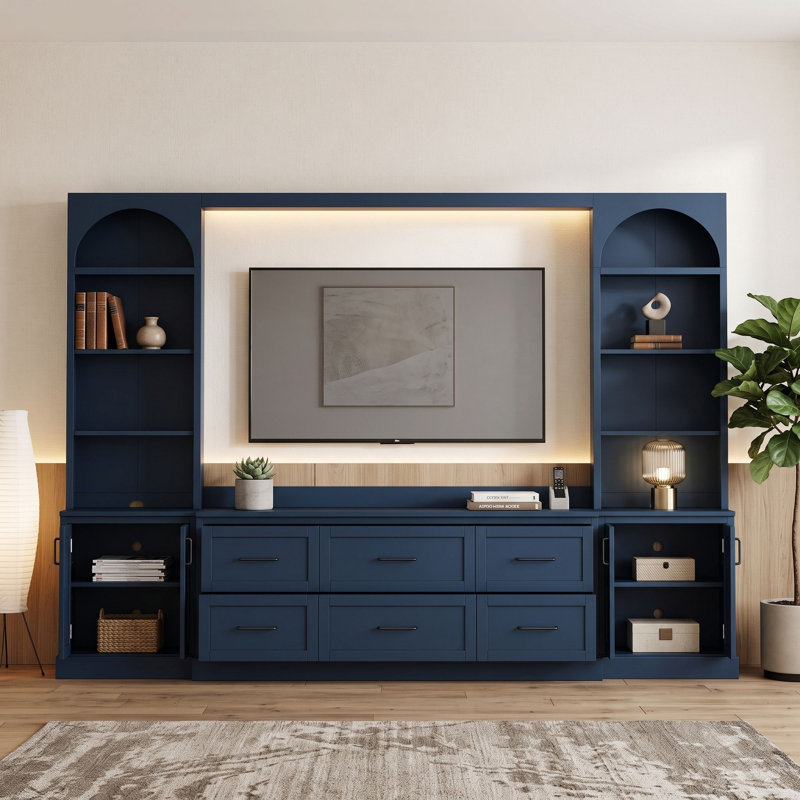 Meuble audio-vidéo moderne avec 6 tiroirs, 2 armoires, tablettes réglables et système de gestion des câbles, Bleu