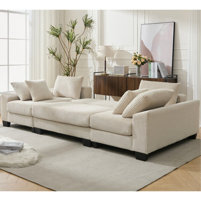 114" Sleeper Sofa, U Shaped Sofa, Pull Out Bed, Convertible Oversize 2 In 1 Sleeper Sofa, Living Room, Upholstery Sofa Bed, Adjustable Sleeper Sofa, Corduroy, Beige