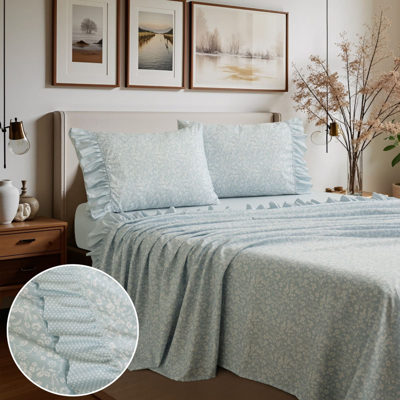 Printed Floral and Polka-Dot Ruffle Sheet Set, Blue, King